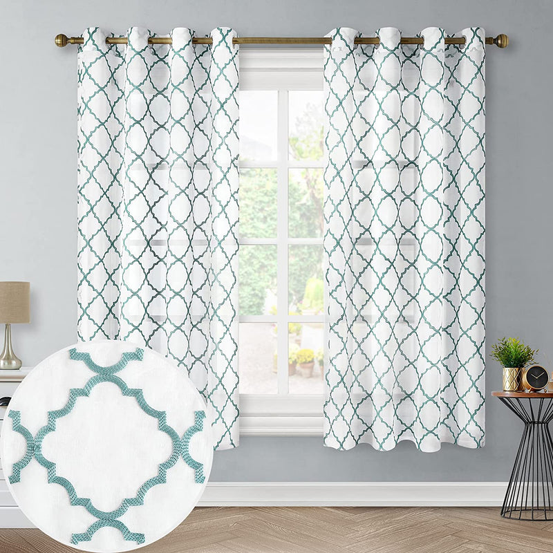 HOMEDIAS Grey Moroccan Sheer Curtains Embroidery Curtains for Bedroom Room 52 X 84 Inch Long Grommet Top Semi Sheer Curtains Light Filtering Voile Curtains 2 Panels Window Curtains Home & Garden > Decor > Window Treatments > Curtains & Drapes HOMEIDEAS Turquoise-moroccan 52"W X 45"L 