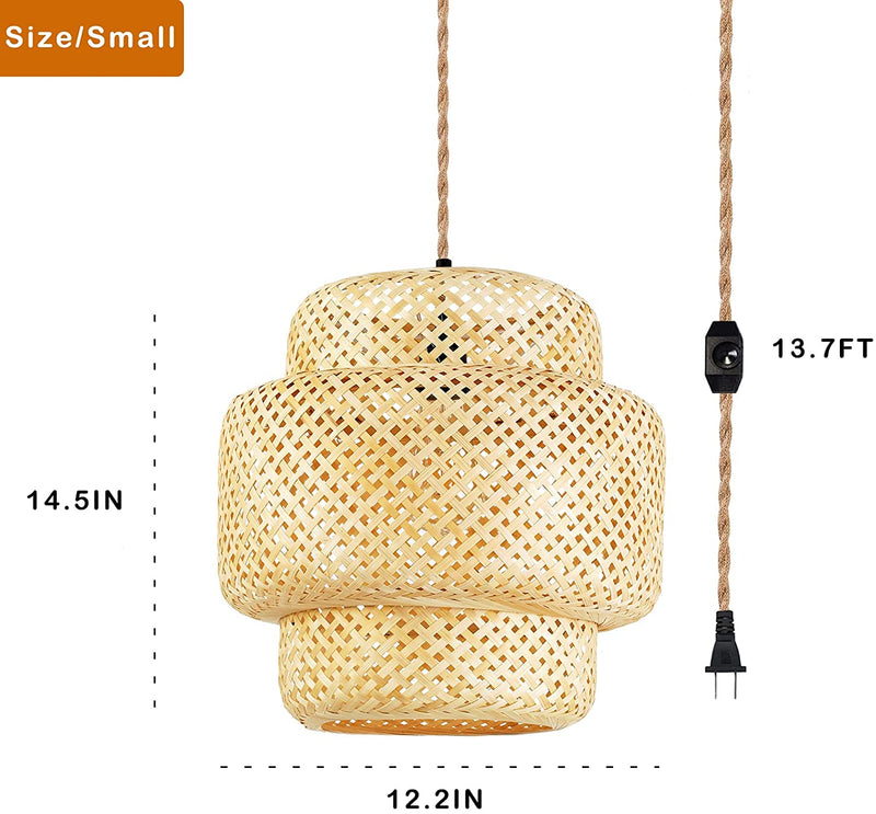 Plug in Pendant Light Rattan Hanging Lights with Plug in Cord Bamboo Hanging Lamp Dimmable,Handmade Woven Boho Wicker Basket Lamp Shade,Plug in Ceiling Light Fixture for Living Room Bedroom Kitchen Home & Garden > Lighting > Lighting Fixtures QIYIZM   