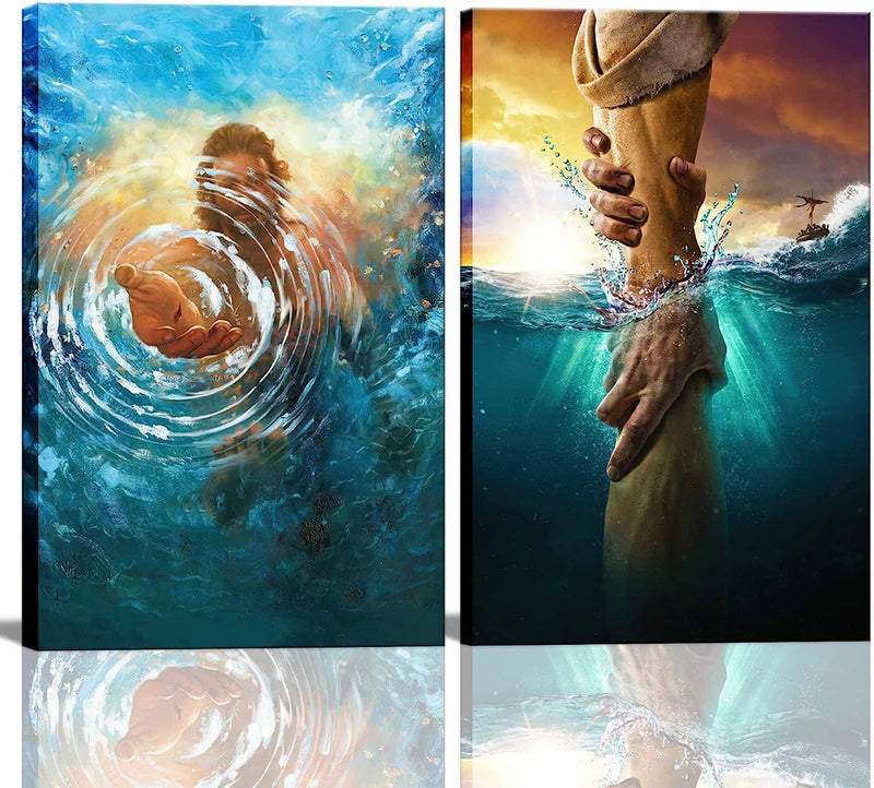 2 Pcs Framed Jesus Wall Art the Hand of God Jesus Reaching into Water Christ Religion Canvas Wall Decor Blue Ocean Bible Pictures Posters Prints Paintings for Living Room Bedroom Church Decorations Ready to Hang