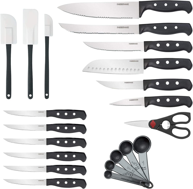 Gibson Elite Soho Lounge 16-Piece Square Reactive Glaze Dinnerware Set, Red & Farberware 5152501 22-Piece Never Needs Sharpening Triple Rivet High-Carbon Stainless Steel Cutlery Set, Assorted