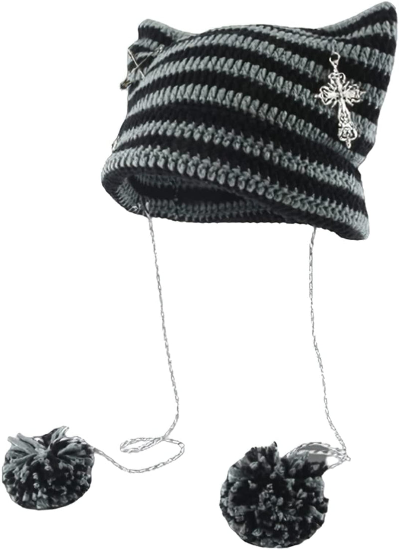 Grunge Beanies Crochet Knitted Hats for Women Girls Fox Cat Ear Goth Emo Alt Y2K Accessories Grunge Clothes Sporting Goods > Outdoor Recreation > Winter Sports & Activities AONUOWE Grey One Size 