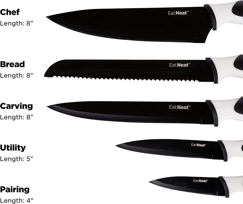 Eatneat 12-Piece Kitchen Knife Set - 5 Black Stainless Steel Knives with Sheaths, Cutting Board, and a Sharpener - Razor Sharp Cutting Tools That Are Kitchen Essentials for New Home