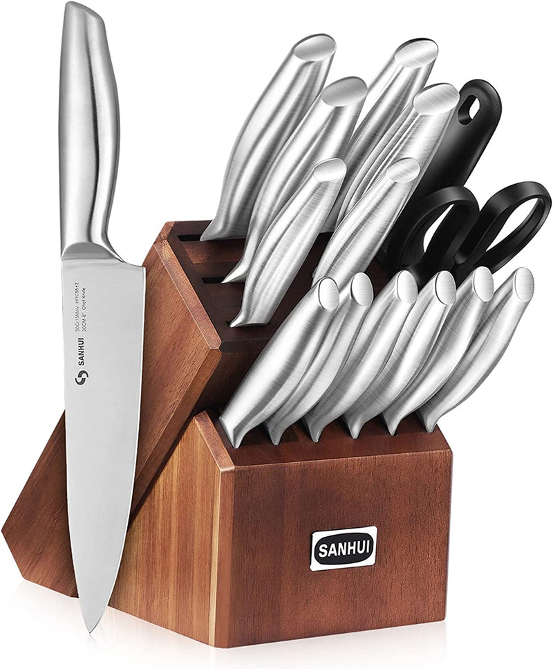 SANHUI 17 in 1 Black Knife Sets Acrylic Stand Stainless Steel Kitchen Knife Set with Block Contain 8 Piece Chef Knife Set 6-Piece Black Steak Knives with Scissor and Vegetable Peeler Knife Home & Garden > Kitchen & Dining > Kitchen Tools & Utensils > Kitchen Knives guangdong sanhuijingmao youxiangongsi Silver 15pcs 