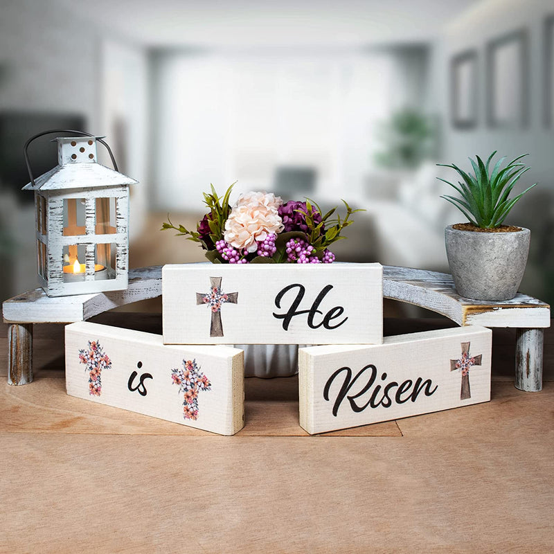 Jennygems He Is Risen Wooden Sign Set and Easter Decor, Tiered Tray and Tabletop Easter Decorations, Christian Easter, Made in USA