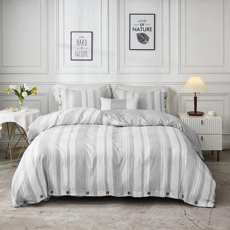 MUKKA Duvet Cover King Blue Heather Chambray, Simple Style with Coconut Button Closure Brushed Microfiber Luxury & Breathable, Easy Care Bed Linen Home & Garden > Linens & Bedding > Bedding MUKKA HOME Stripe Grey Twin(1 Duvet Cover+1 Pillow Case) 