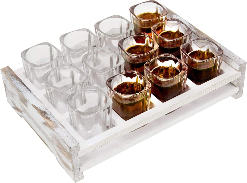 Mygift Shot Glasses Server Set Includes 12 Square Glasses and Whitewashed Wood Serving Tray Home & Garden > Kitchen & Dining > Barware MyGift   