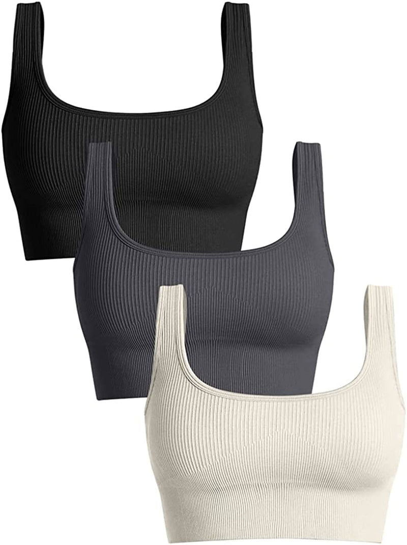 OQQ Women'S 3 Piece Medium Support Tank Top Ribbed Seamless Removable Cups Workout Exercise Sport Bra Sporting Goods > Outdoor Recreation > Winter Sports & Activities OQQ Black Darkgrey Beige Small 