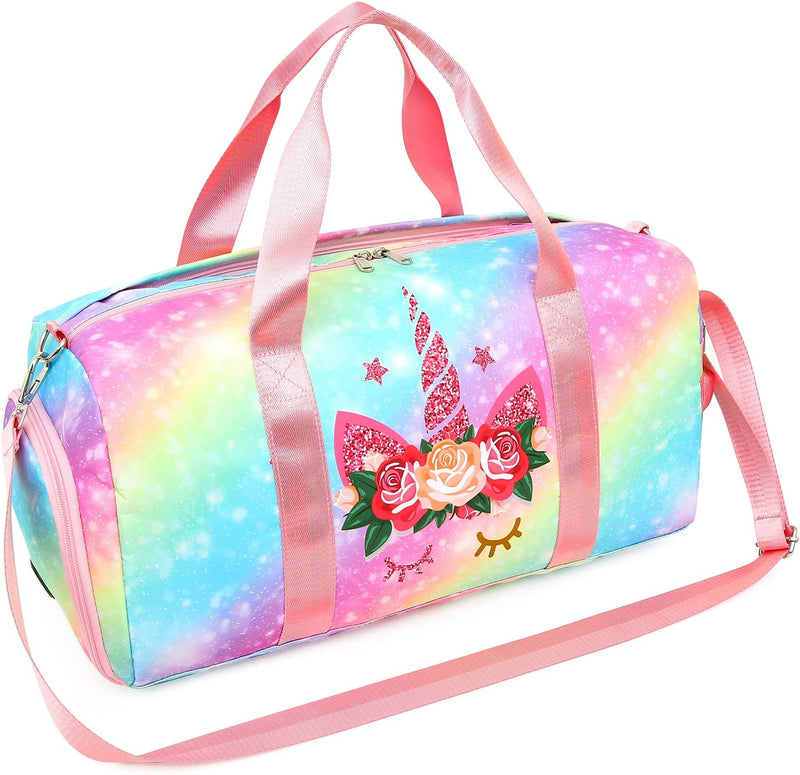 Duffle Bag Teen Girls Kids Cute Unicorn Gym Bag with Shoe Compartment and Wet Separation Sports Overnight Carry on Bag Travel Bag with Sorting Bag (Candy Pink)