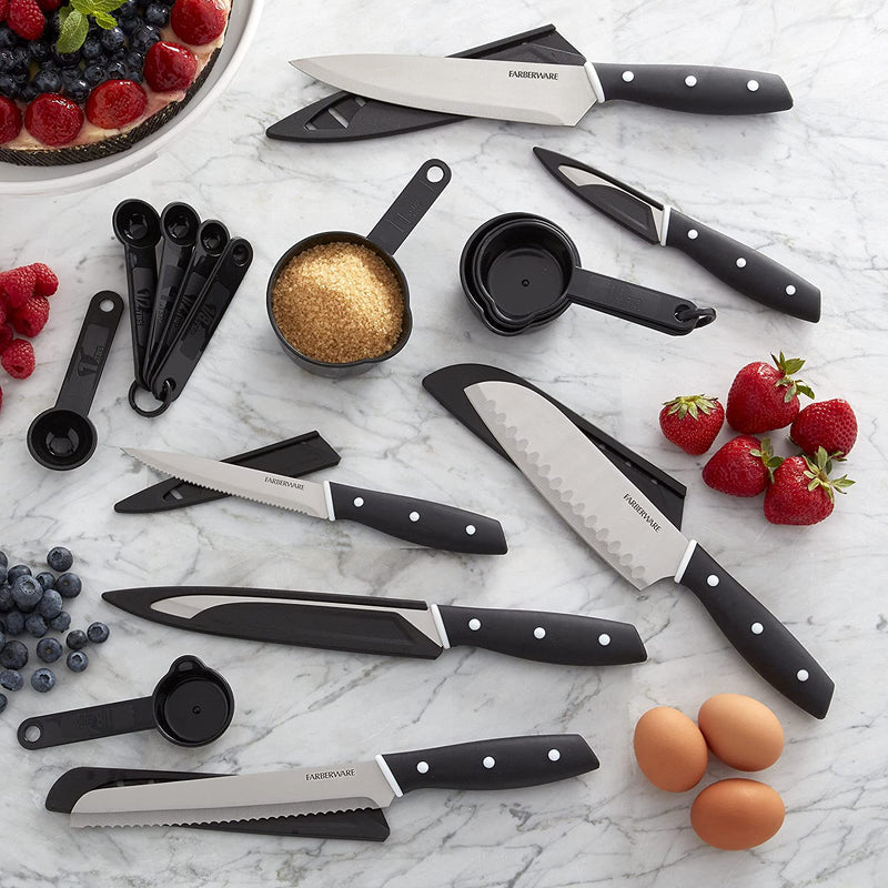 Farberware Triple Riveted Soft Grip Knife Set with Blade Covers and Gadgets, 23 Piece, Black