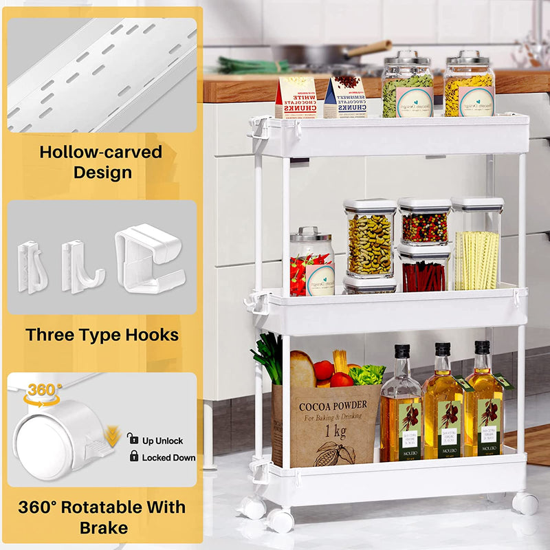 SPACEKEEPER Slim Rolling Storage Cart, Laundry Room Organization, 3 Tier Mobile Shelving Unit Bathroom Organizer Storage Rolling Utility Cart for Kitchen Bathroom Laundry Narrow Places(White) Home & Garden > Household Supplies > Storage & Organization SPACEKEEPER   
