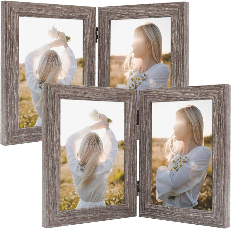 Frametory, 5X7 Hinged Picture Frame Displays 2 Photos, Double Frames with Glass, Side by Side Stands Vertically on Tabletop (Black) Home & Garden > Decor > Picture Frames Frametory Gray 5x7 (2-Pack) 