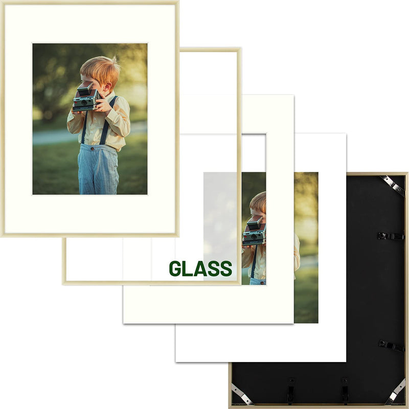 Frametory, 12X16 Metal Picture Frame - Aluminum Thin Molding - Photo Frame with Ivory Color Mat for 8.5X11 Wall Art & Pre-Installed Mounting Hardware - Real Glass (Gold, 1 Pack) Home & Garden > Decor > Picture Frames Frametory   