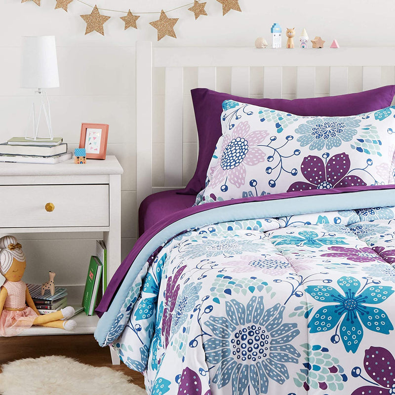 Kids Bed-In-A-Bag Microfiber Bedding Set, Easy Care, Twin, Blue Mermaids - Set of 5 Pieces Home & Garden > Linens & Bedding > Bedding KOL DEALS Purple Flowers Bedding Set Twin