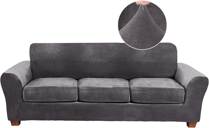 FY FIBER HOUSE Velvet Sofa Couch Cover for 3 Cushion Couch Sofa Covers for Living Room 4 Piece Plush Set Furniture Covers for Sofa Slipcover Stretch for Dogs, Taupe (71.5"-95.5") Home & Garden > Decor > Chair & Sofa Cushions FY FIBER HOUSE Grey (Width: 71.5"-95.5")  