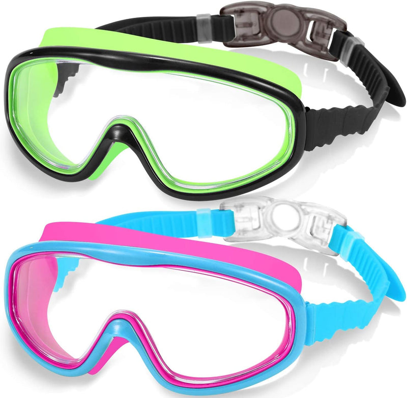 Easyoung 2-Pack Kids Swim Goggles, Wide Vision Swim Goggles for Child from 3-15 Sporting Goods > Outdoor Recreation > Boating & Water Sports > Swimming > Swim Goggles & Masks EasYoung 03.black With Fluorescent Green + Sky Blue With Pink  