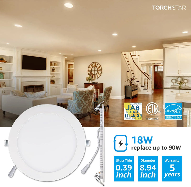 TORCHSTAR 18W 8 Inch LED Recessed Lighting, Ultra Thin Recessed Downlight with Junction Box, Dimmable CRI90+, 3000K Warm White, ETL & Energy Star Listed, Pack of 6 Home & Garden > Lighting > Flood & Spot Lights TORCHSTAR   