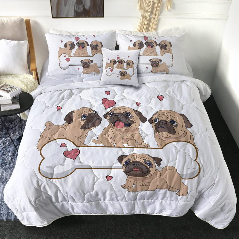Sleepwish Valentines Day Comforter Set Pug Pink Heart Quilt Set for Queen Bed 4 Piece Dogs Pattern Quilt Sets Cute Animals Bedding Sets with 2 Pillow Shams and 1 Cushion Cover Gifts for Women Him Her Home & Garden > Linens & Bedding > Bedding Youhao 2 Queen 