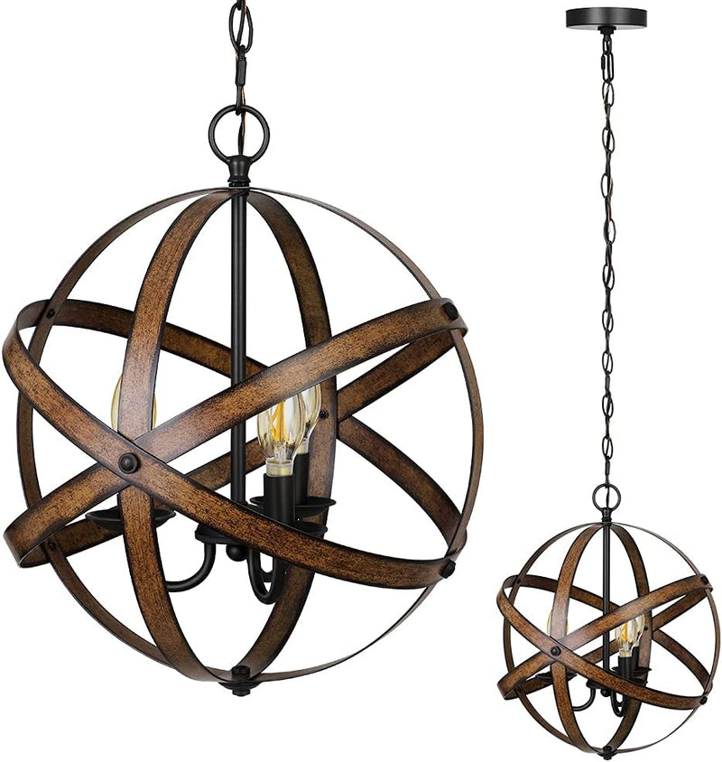 DEWENWILS Farmhouse Pendant Light, Vintage Ceiling Light Fixture 3 Light, Industrial Metal Globe, Wood Grain Paint, with Adjustable 5FT Cord, for Kitchen Island , Living Room, Entryway, Stairway Home & Garden > Lighting > Lighting Fixtures DEWENWILS 15inch  