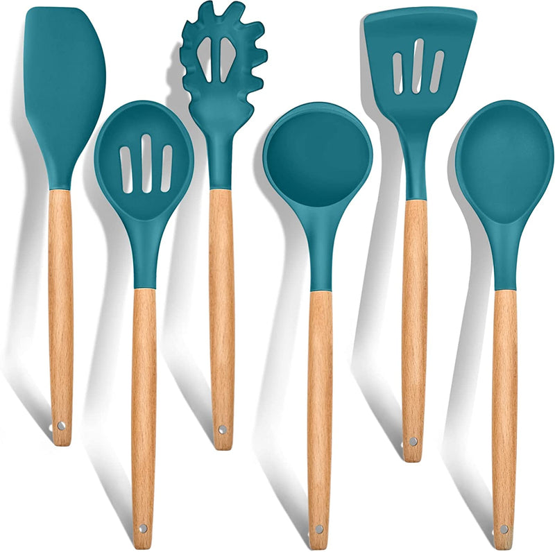 Cooking Utensils Set of 6, E-Far Silicone Kitchen Utensils with Wooden Handle, Non-Stick Cookware Friendly & Heat Resistant, Includes Spatula/Ladle/Slotted Turner/Serving Spoon/Spaghetti Server(Black) Home & Garden > Kitchen & Dining > Kitchen Tools & Utensils E-far Teal Blue 6 