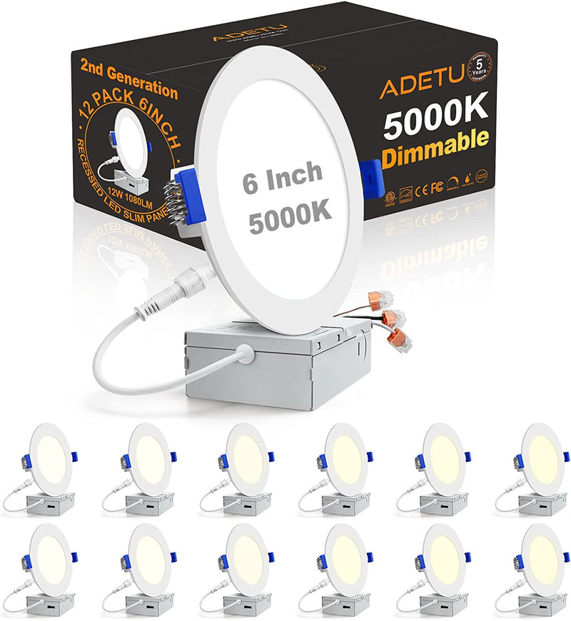 Adetu 12 Pack 6 Inch Ultra-Thin LED Recessed Ceiling Light with Junction Box, 5000K Daylight, 12W110W Eqv, Dimmable Can-Killer Downlight, 1080LM High Brightness - ETL and Energy Star Certified Home & Garden > Lighting > Flood & Spot Lights Adetu 12 Pack 5000K 6IN 