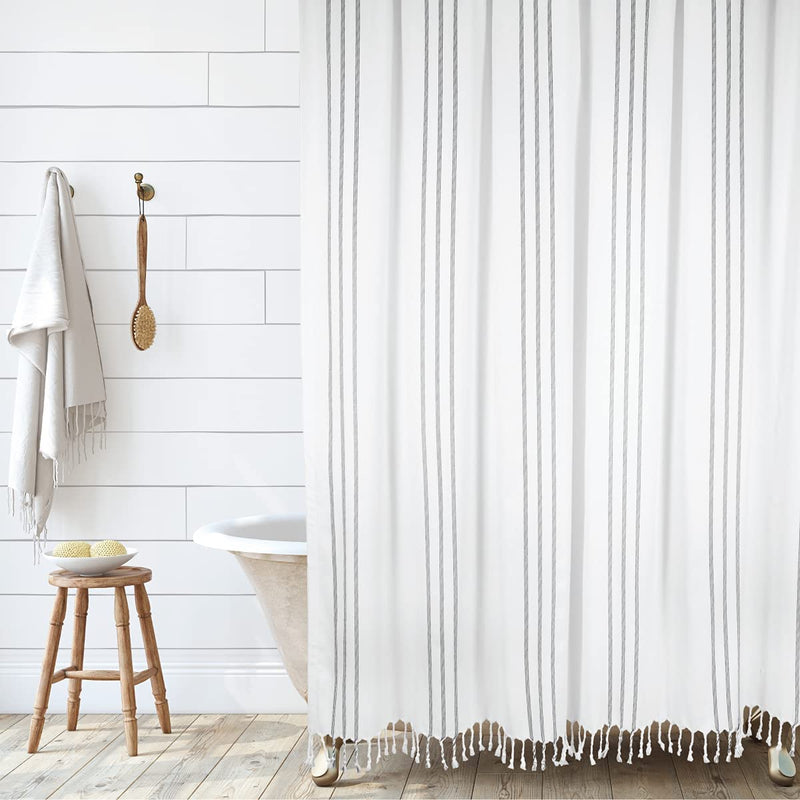 HALL & PERRY Modern Transitional White Stripe Shower Curtain with Tassels - Vertical Black Lines Striped 100% Cotton, 72" X 72" Sporting Goods > Outdoor Recreation > Fishing > Fishing Rods HALL & PERRY White 72"x72" 