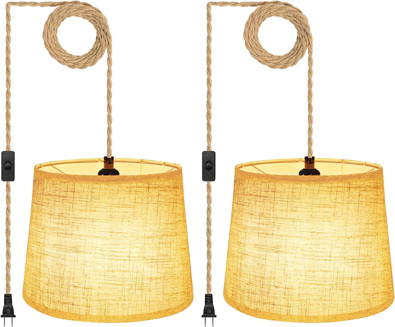 Hanging Lights with Plug in Cord, 15Ft Pendant Lamp Lights Cord Linen Shade, Industrial DIY Twisted Hemp Rope Chandelier Light Fixtures for Farmhouse Bedroom Home Lighting Decors Home & Garden > Lighting > Lighting Fixtures HURYEE Beige 2 PACK 