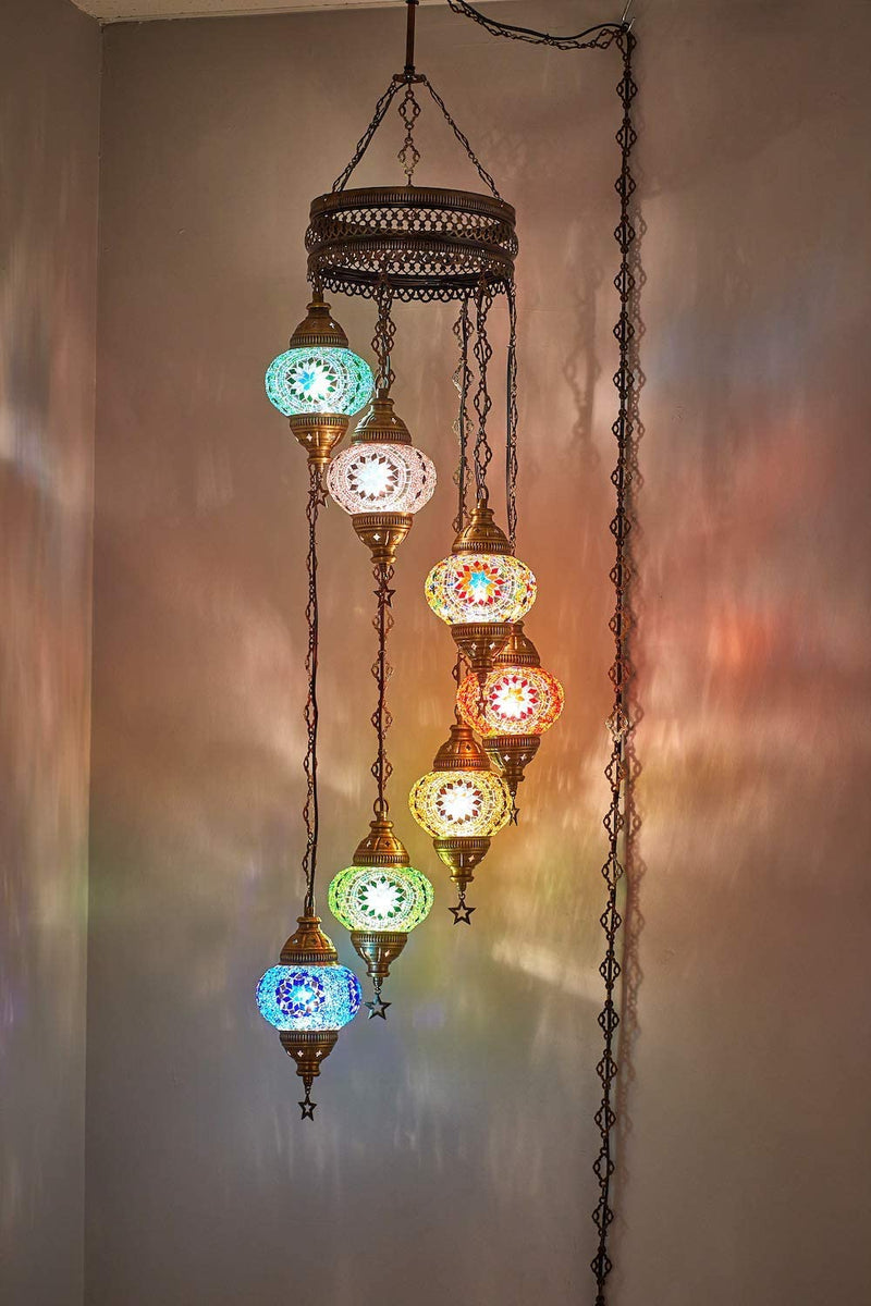 7 Globes Swag Plug in Turkish Moroccan Mosaic Bohemian Tiffany Ceiling Hanging Pendant Light Lamp Chandelier Lighting with 15Feet Cord Chain and Plug, 50" Height (Multicolor) Home & Garden > Lighting > Lighting Fixtures > Chandeliers DEMMEX Multicolor1  