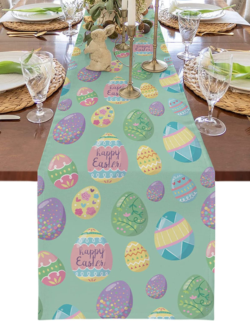 Savannan Easter Table Runner, Happy Easter Egg Colorful Eggs Spring Holiday Decoration Green Cotton Linen Dresser Scarves for Kitchen Daily Use Family Dinners Party Gathering Home Decor 13"X70"