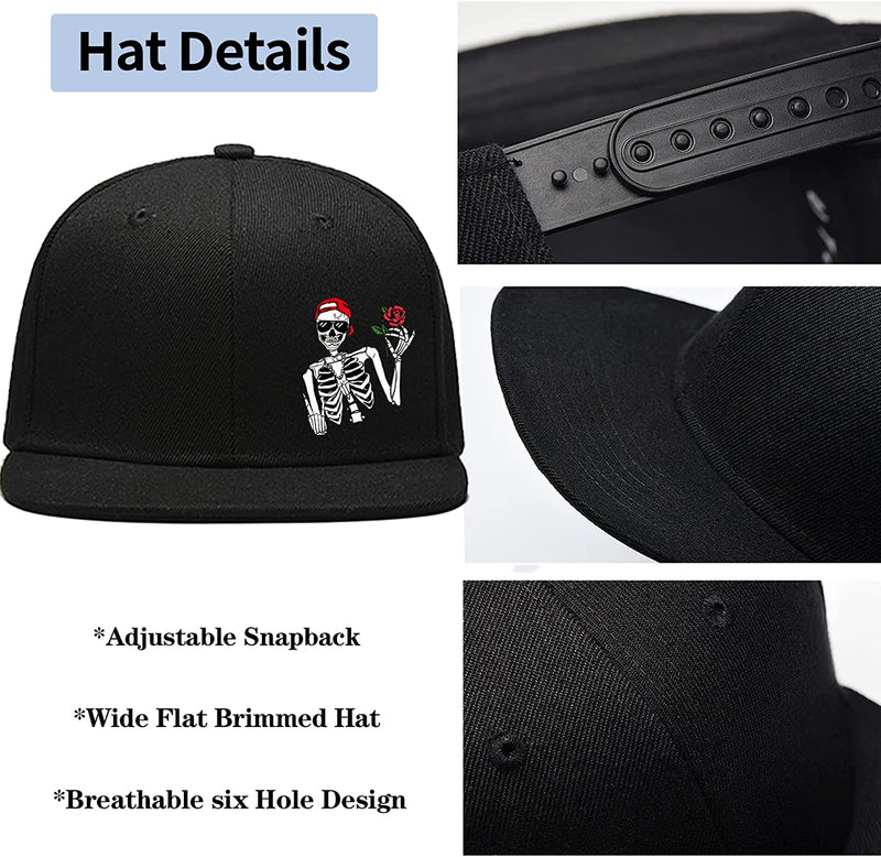 Snapback Hat for Men Flat Bill Hats Men Rose Skull Hat Skeleton Fingers Black Baseball Cap Hip Hop Mountain Travel Fitted Hat