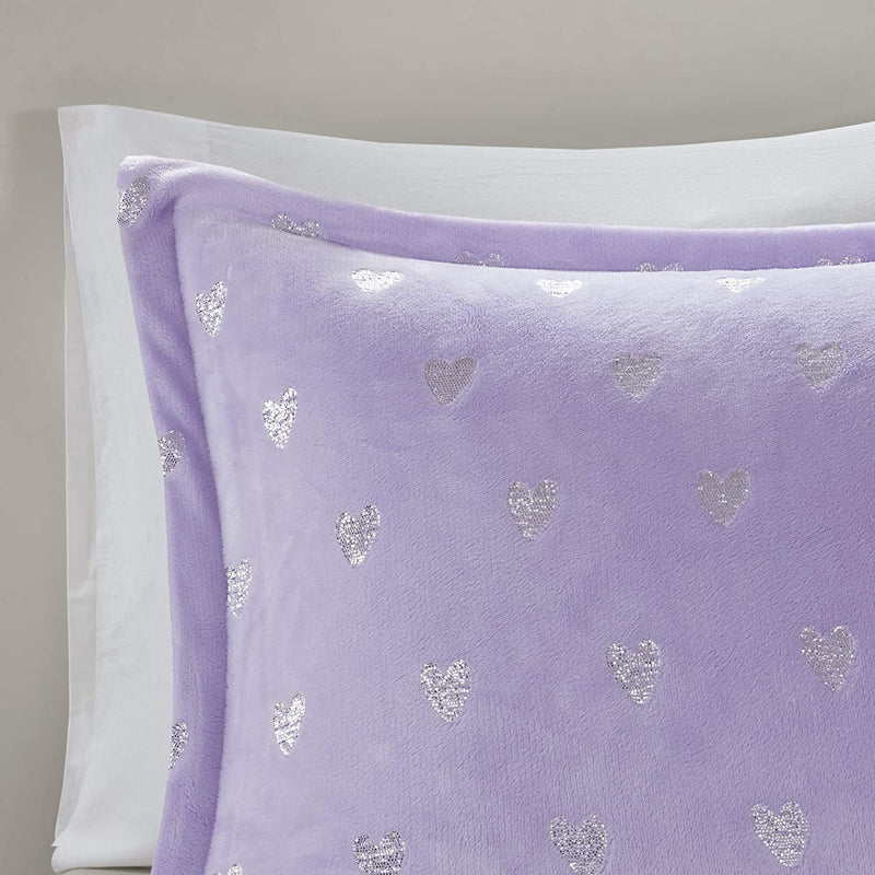 Mi Zone Rosalie Comforter Ultra-Soft Microlight Plush Metallic Printed Hearts Brushed Reverse Overfilled down Alternative Hypoallergenic All Season Bedding-Set, Full/Queen, Purple/Silver, 4 Piece