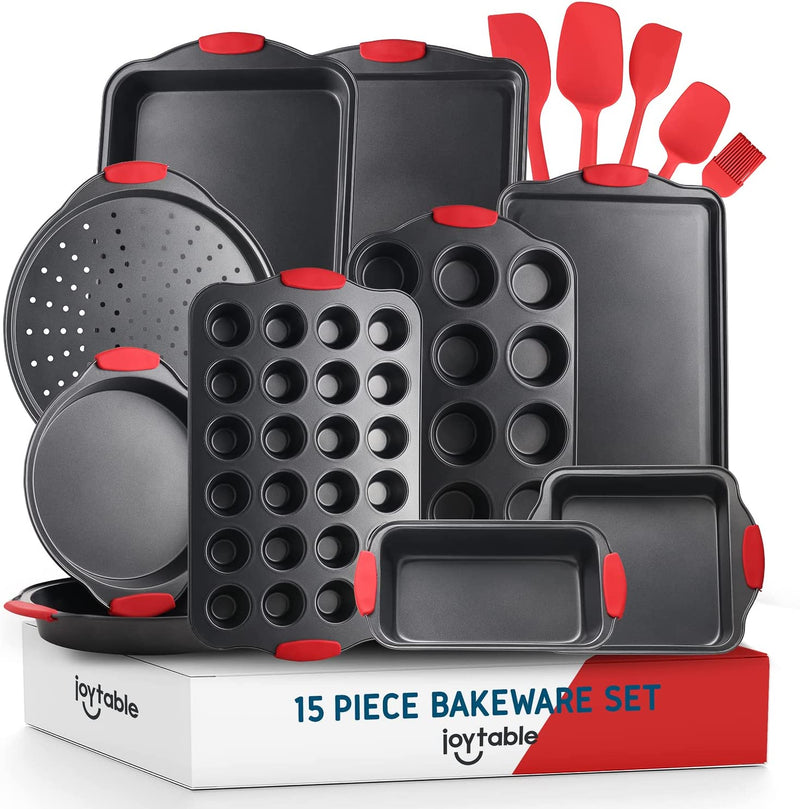 Joytable Nonstick Bakeware Sets with Baking Pans Set, 15 Piece Baking Set with Muffin Pan, Cake Pan & Cookie Sheets for Baking Nonstick Set, Steel Baking Sheets for Oven with Kitchen Utensils - Black
