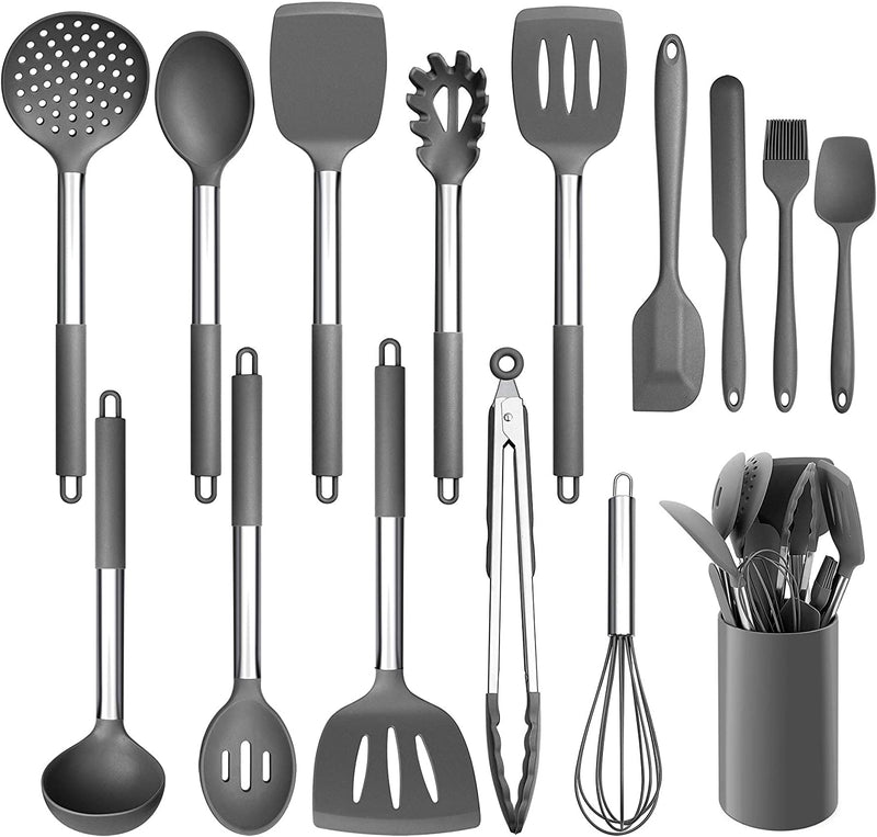 LIANYU 15-Piece Cooking Kitchen Utensils Set with Holder, Silicone Kitchen Tools Stainless Steel Handle, Slotted Spatula Spoon Turner Tong Whisk Brush for Cooking, Red Home & Garden > Kitchen & Dining > Kitchen Tools & Utensils LIANYU Gray  