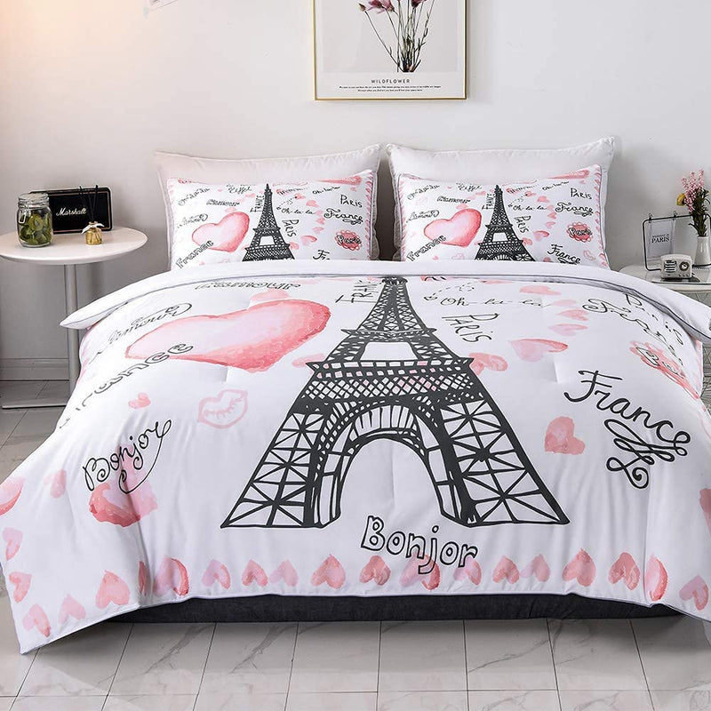 SHINICHISTAR Twin Size the Eiffel Tower Comforter Sets 3 Pieces Paris Bedding Set for Kids Teens Girls Heart France Bedroom Decor Home & Garden > Linens & Bedding > Bedding SHINICHISTAR Pink&white Queen 