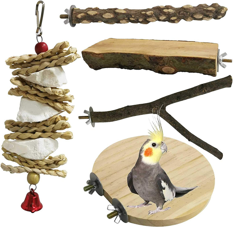 Kathson Wood Bird Perch Wooden Parrot Stand Toy Parakeet Standing Platform Chew Toys Natural Cuttlebone Paw Grinding Stick Cockatiels Cage Accessories Exercise Toy for Conures Budgies Lovebirds 5PCS Animals & Pet Supplies > Pet Supplies > Bird Supplies kathson   