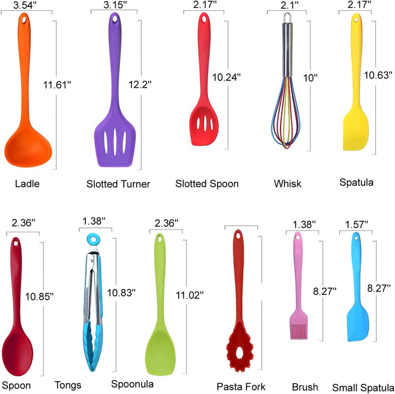 Kitchen Utensil Set - 11 Cooking Utensils - Colorful Silicone Kitchen Utensils - Nonstick Cookware with Spatula Set - Colored Best Kitchen Tools Kitchen Gadgets