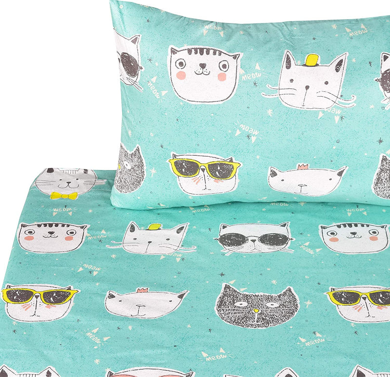 J-Pinno Cats Kitty Cute Twin Sheet Set for Kids Girls Children,100% Cotton, Flat Sheet + Fitted Sheet + Pillowcase Bedding Decoration Gift Set (Cat, Twin)
