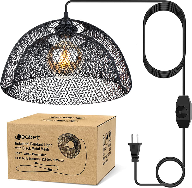 Plug in Pendant Light Fixture with Dimmable Switch, Metal Mesh Industrial Lampshade,(Led Bulb Included), Chandelier Plug in Cord 15Ft Wire Hanging Lamp, E26 Base Socket for Kitchen, Living Room, Foyer