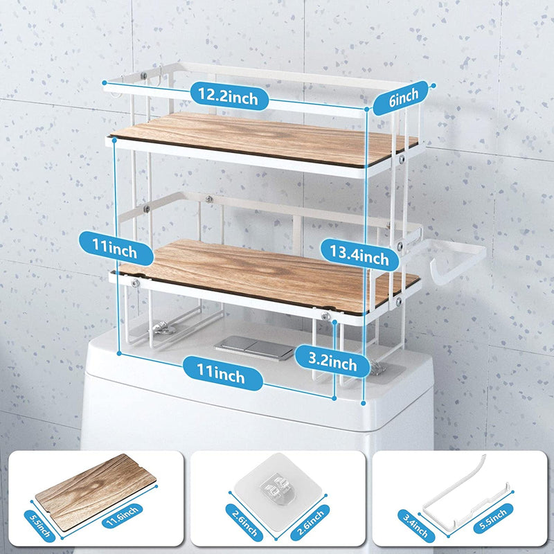Lorbro over the Toilet Storage Shelf, Bathroom Storage Organizer with Wooden Bottom Plate & Adhesive Base, Toilet Storage Rack for Paper Towels Shampoos Bathroom Decor (White, 2-Tier)
