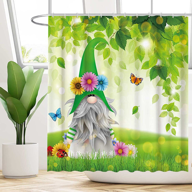 Funnytree Spring Gnomes Shower Curtain Green Leaves Butterfly Flower Grass Home Bathtubs Bathroom Curtain Decoration Set 12 Hooks Washable Durable Polyester Fabric 72"X72" Home & Garden > Decor > Seasonal & Holiday Decorations Funnytree   