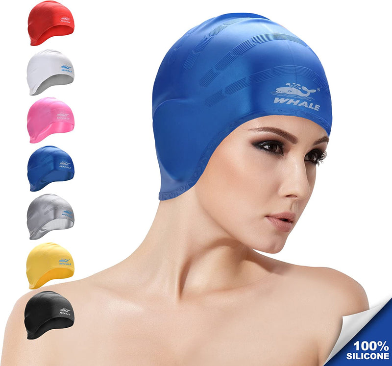 Cover Ears Swim Caps for Long Hair 100% Silicone Swimming Hat for Unisex Adult Kids Reduce Water Intake Makes Your Hair Clean Sporting Goods > Outdoor Recreation > Boating & Water Sports > Swimming > Swim Caps whale blue  