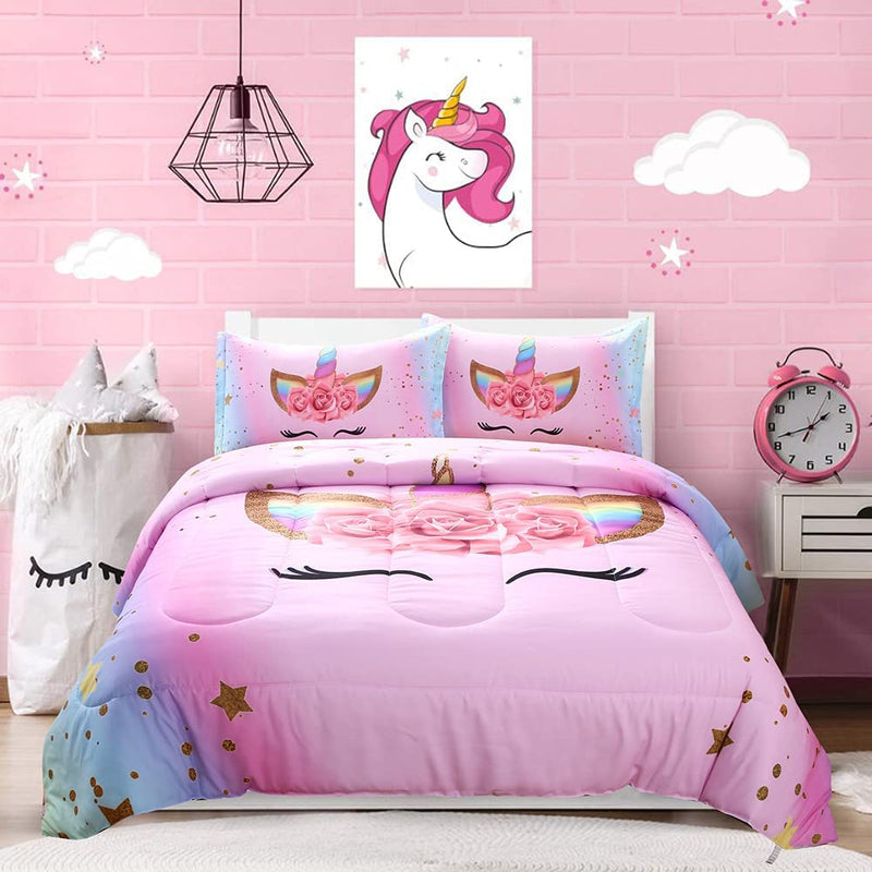 Oecpkd Cute Unicorn Comforter Sets 3Pc Pink Flower Girl Colorful Unicorn Bedding Sets Soft Girls Unicorn Rainbow Comforter Sets Home & Garden > Linens & Bedding > Bedding Oecpkd Pink1 Twin 