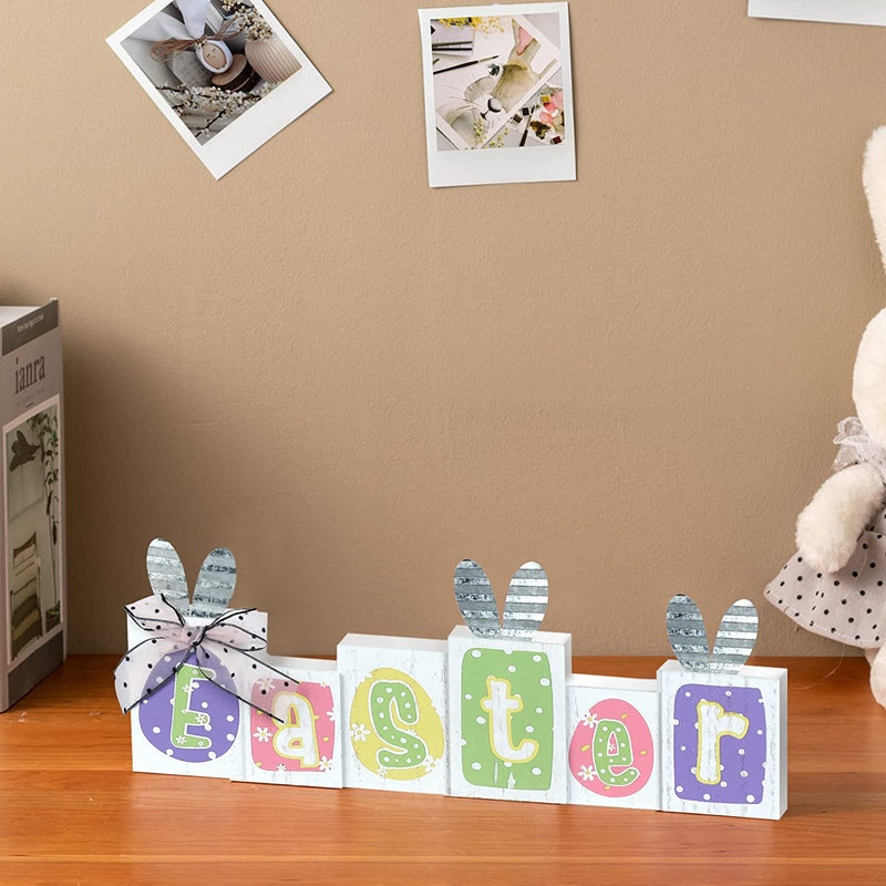 Easter Decorations for the Home, Hogardeck Easter Bunny Table Decor Wood Sign, Colorful Wooden Block Signs with Metal Bunny Ears Dots Bow Table Centerpiece Farmhouse Decor for Party Fireplace Tiered Tray Home & Garden > Decor > Seasonal & Holiday Decorations hogardeck   