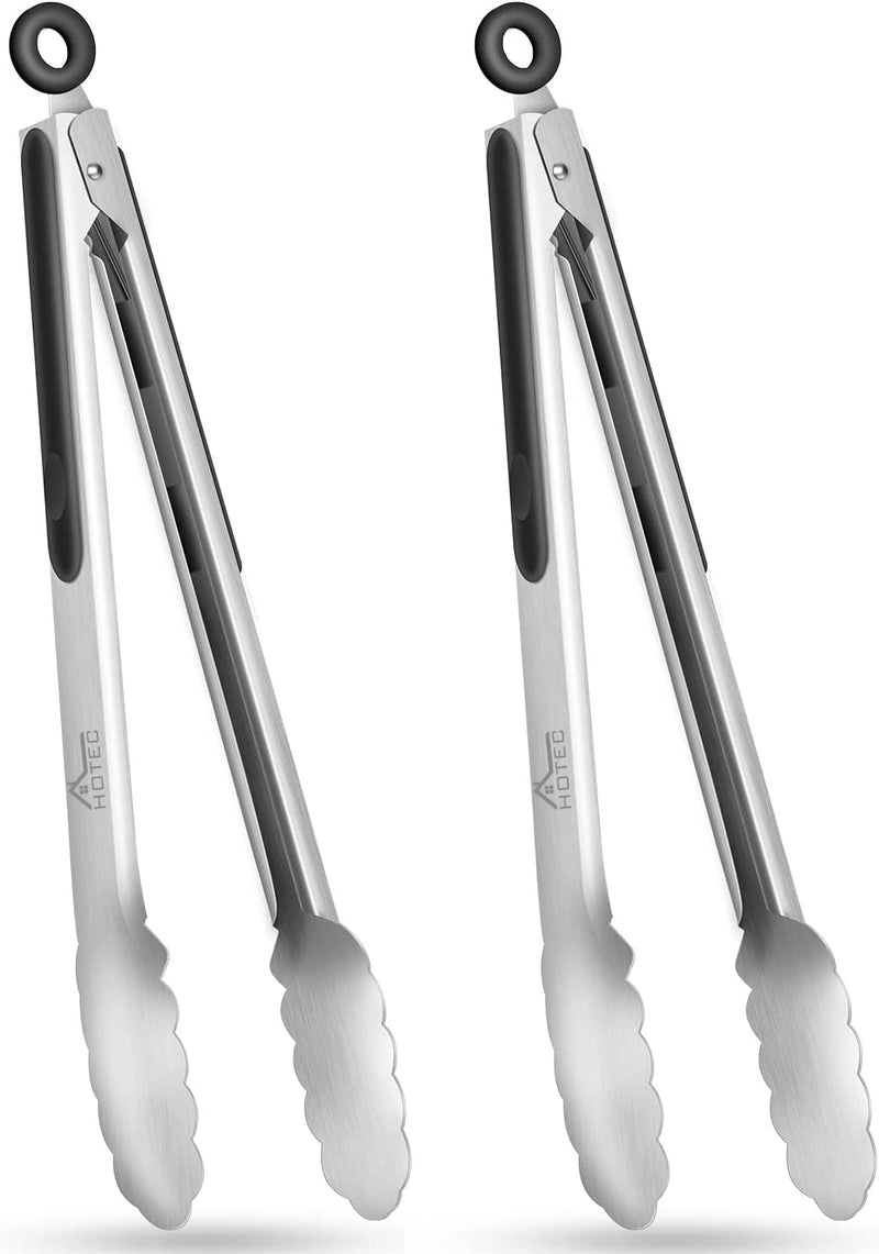 HOTEC Stainless Steel Kitchen Tongs Set of 2-9 Inch, Locking Metal Food Tongs Non-Slip Grip (Black) Home & Garden > Kitchen & Dining > Kitchen Tools & Utensils Hotec 2 pack: 12 inch  