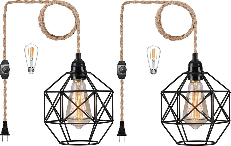 HXMLS Plug in Pendant Light,Hanging Lights with Plug in Cord 14Ft Hemp Rope Hanging Lamp Cage Lampshade Pendant Lighting Fixtures with Dimmable Switch for Living Room Bedroom Kitchen Island(2Pack)