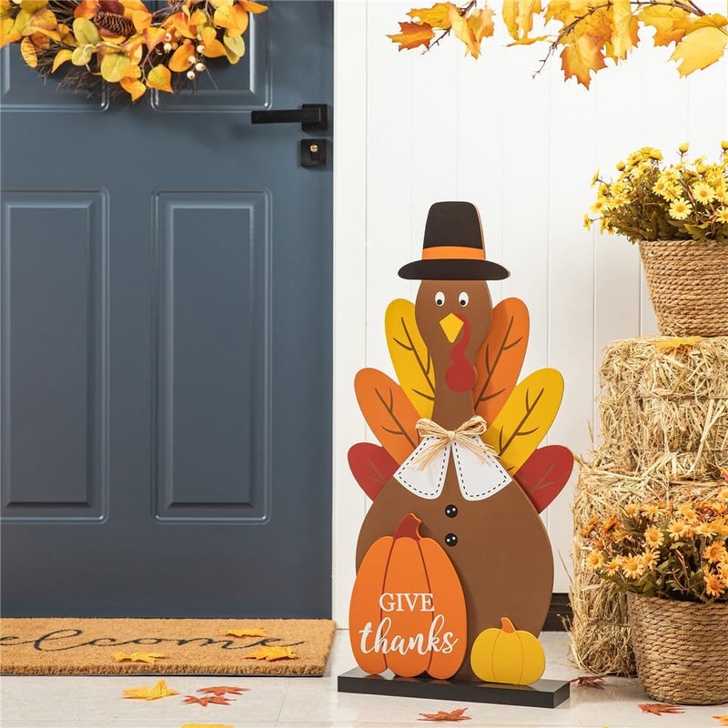 Glitzhome Fall Wooden Scarecrow Family with Wreath Porch Decor Rustic Fall Harvest Lighted Scarecrow Yard Sign Farmhouse Porch Sign Standing Decor for Fall Harvest Autumn Thanksgiving  Glitzhome Turkey Give Thanks  