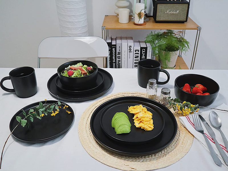 Famiware Dinnerware Set, 16 Piece Dishes Set, Plates and Bowls Set for 4, Black Matte