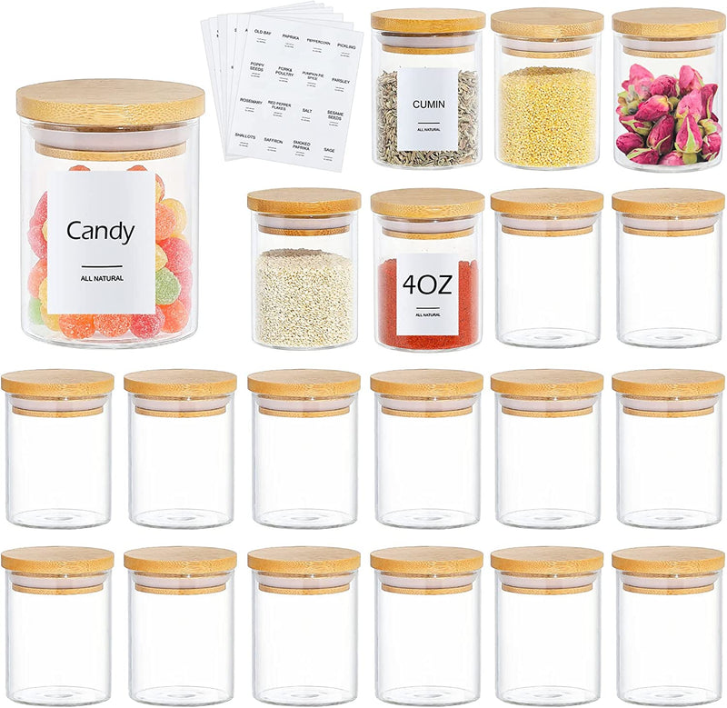 Spice Jars with Label, 20Pcs 4Oz Glass Spice Jars with Bamboo Lids Airtight Seasoning Containers Food Storage Small Glass Jars Bottles for Spice Sugar Salt Coffee Tea Beans Home & Garden > Decor > Decorative Jars DANALLAN   
