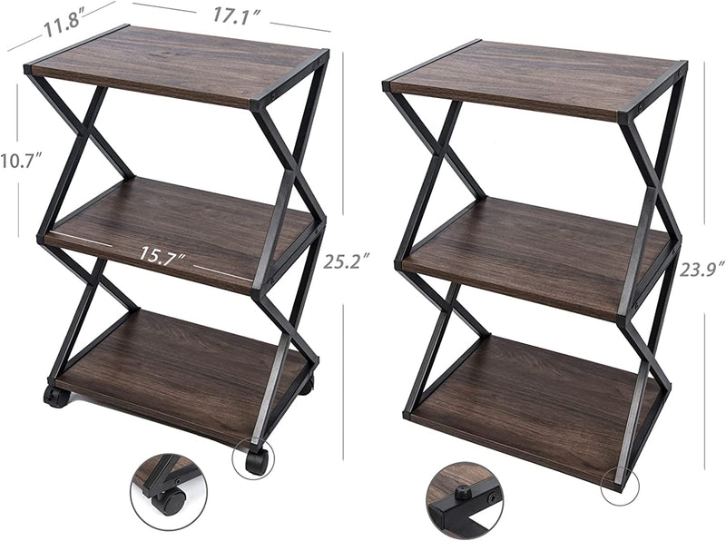 NOZE 3 Tiers Mobile Printer Stand Rolling Printer Cart with Wheels Industrial Machine Storage Shelf Wood and Metal Desk Printer Table for Home Office, Dark Walnut…