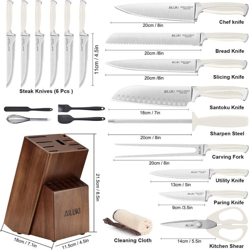 Knife Set,18 Piece Kitchen Knife Set with Block Wooden and Sharpener, Professional High Carbon German Stainless Steel Chef Knife Set, Ultra Sharp Full Tang Forged White Knives Set Home & Garden > Kitchen & Dining > Kitchen Tools & Utensils > Kitchen Knives AILUKI   