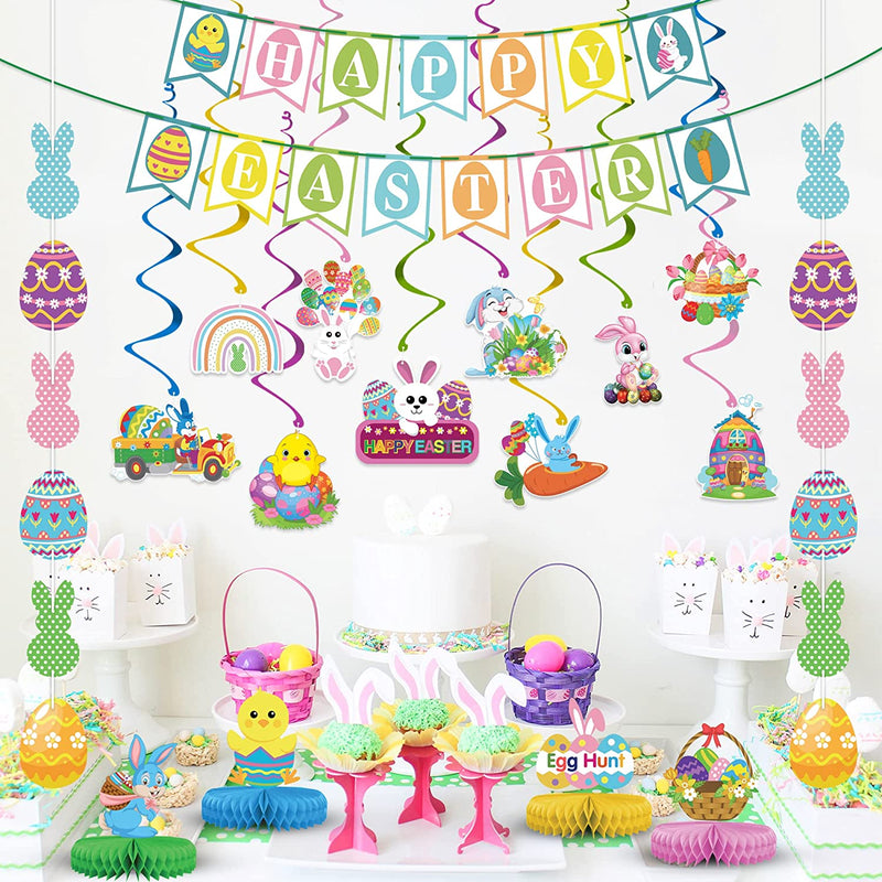 Easter Party Decorations, Happy Easter Decorations Set Include Happy Easter Banner, Honeycomb Centerpiece, Easter Egg Bunny Banner and Hanging Swirls,Easter Party Favors for Home Office Ceiling Decor Home & Garden > Decor > Seasonal & Holiday Decorations Lairyan   